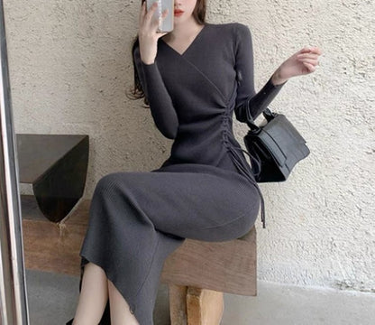 V Yaka Uzun Kollu Örgü Bodycon Midi Elbiseler