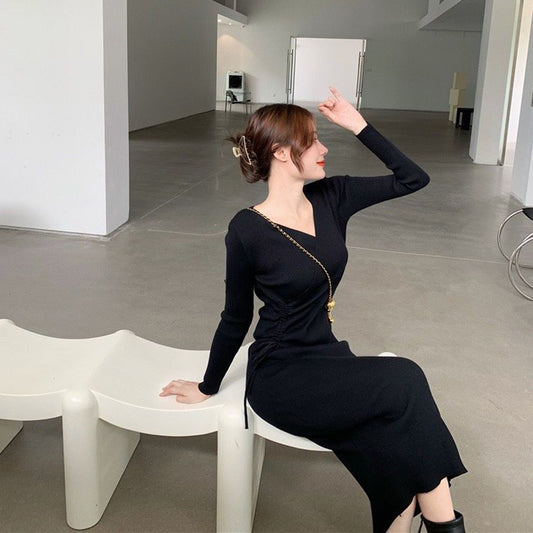 V Yaka Uzun Kollu Örgü Bodycon Midi Elbiseler