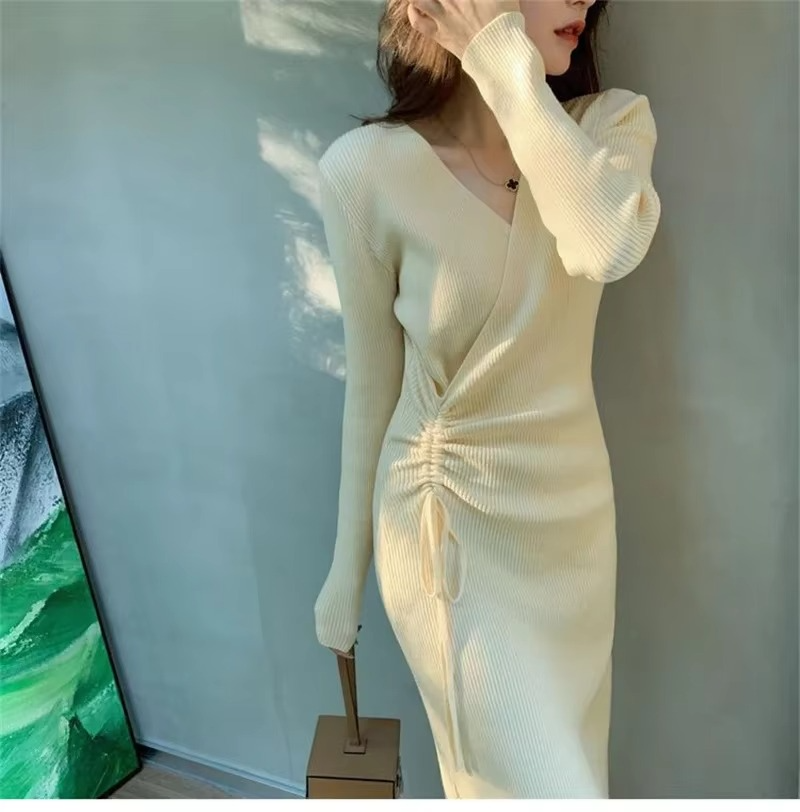 V Yaka Uzun Kollu Örgü Bodycon Midi Elbiseler