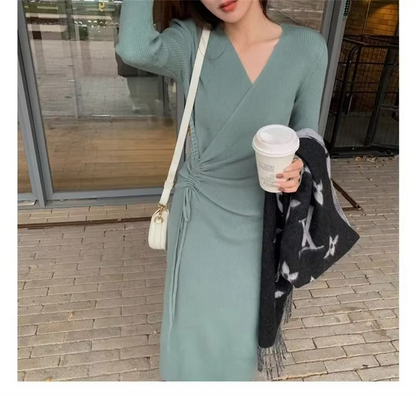 V Yaka Uzun Kollu Örgü Bodycon Midi Elbiseler