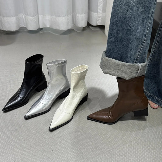 Sonbahar Moda Sivri Burun Düşük Topuklu Kadın Yarım Çizmeler