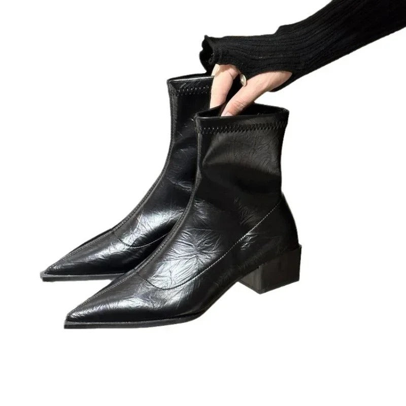 Sonbahar Moda Sivri Burun Düşük Topuklu Kadın Yarım Çizmeler